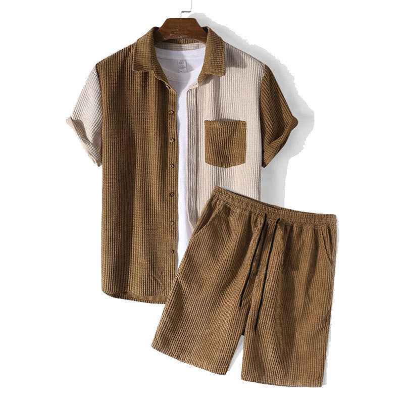 Men's Waffle Texture Set – Relaxed Fit – Short Sleeve Top & Drawstring Shorts Brown