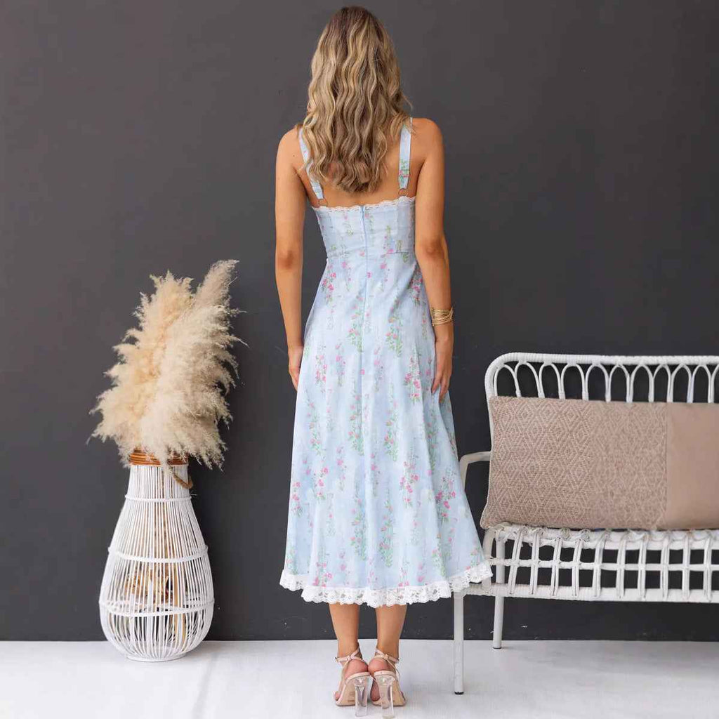 Women's A-Line Midi Dress with Spaghetti Straps – Floral Cotton Design and Lace Accents