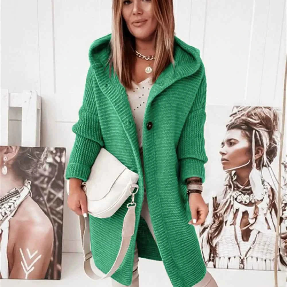 Women's Oversized Hooded Knitted Cardigan – Longline Button-Front Green