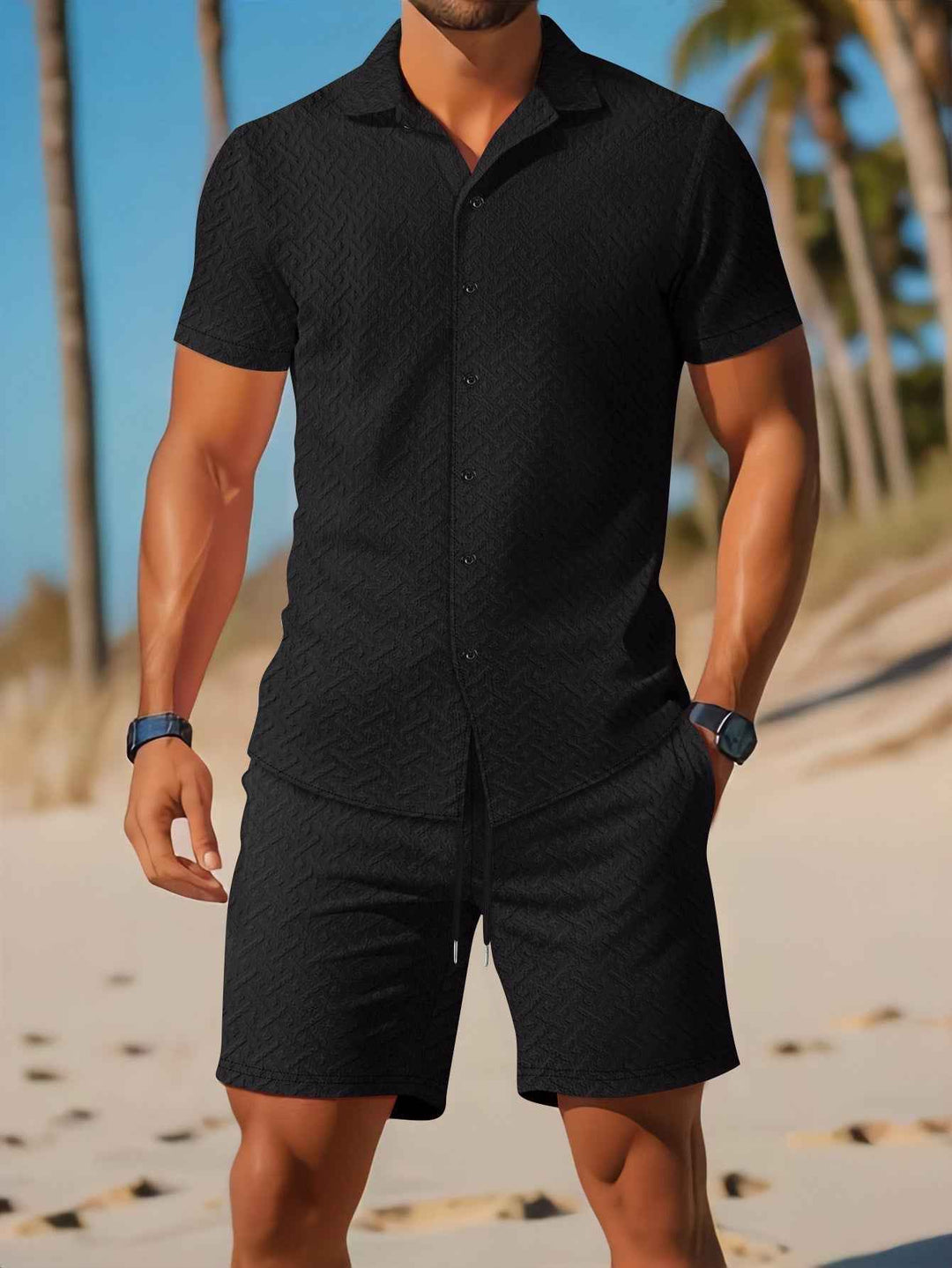 Men's Slim Fit Embossed Shirt and Shorts Set – Breathable Casual Comfort Black