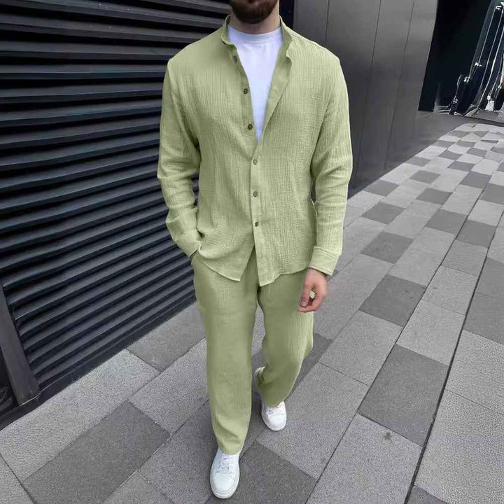 Men's Relaxed Fit Linen Set – Button-Up Shirt & Straight Trousers Green