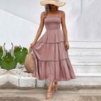 Women's Sleeveless Smocktop Dress with Layered Midi Skirt - Lightweight Cotton Pink