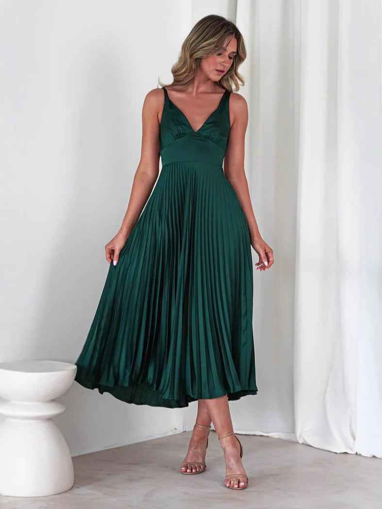 Women's Satin Midi Dress - V-Neck, Ruched Top, Spaghetti Straps, Pleated Skirt Green