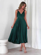 Women's Satin Midi Dress - V-Neck, Ruched Top, Spaghetti Straps, Pleated Skirt Green