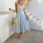 Women's A-Line Summer Dress – Sleeveless Linen Blend with Cut-Out Detail Blue