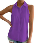 Women's Relaxed Fit Sleeveless Blouse – Shiny Luxury Fabric – Button Closure – Hip Length