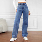 Women's High Waist Straight Leg Denim Jeans - Full Length Casual Fit Dark Blue
