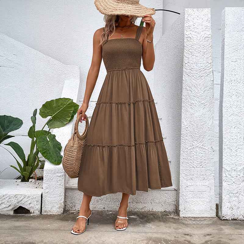 Women's Sleeveless Smocktop Dress with Layered Midi Skirt - Lightweight Cotton Brown