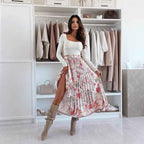 Women's A-Line Midi Skirt – High Waist – Pleated Design – Bold Pattern – Side Slit Pink