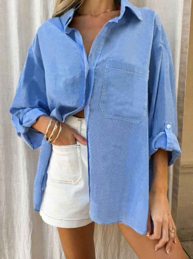 Women's Oversized Long Sleeve Shirt – Breathable Striped Design Blue