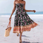 Women's Floral Print Strapless Dress – Cotton Blend – Flared & Convertible Design Black