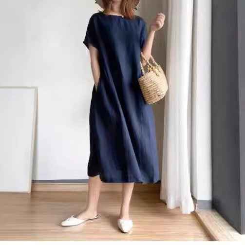 Women's Casual Midi Dress – Loose Fit – Breathable Fabric – Short Sleeve