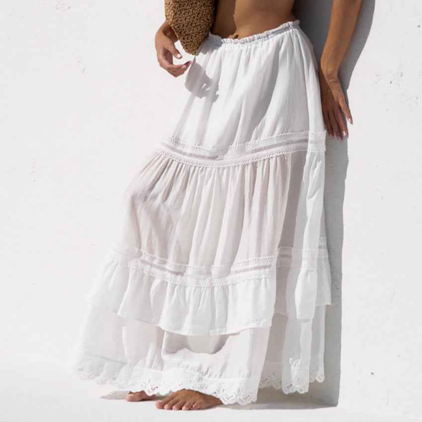 Women's Layered Maxi Skirt – Loose Fit with Lace Details and Elastic Waist