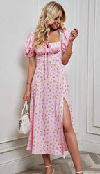 Women's A-Line Midi Dress - Floral Print, Bow Detail, Puff Sleeves, Front Split