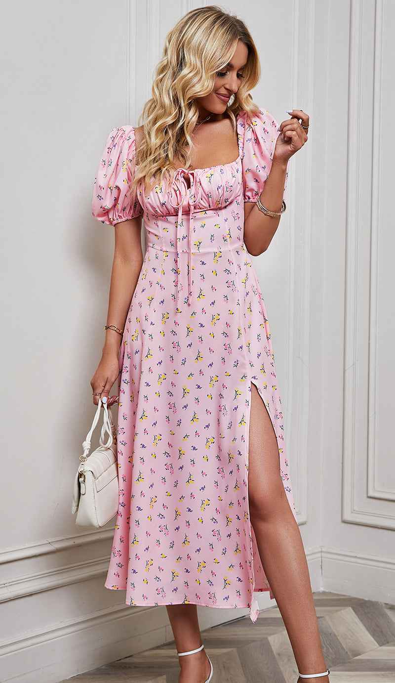 Women's A-Line Midi Dress - Floral Print, Bow Detail, Puff Sleeves, Front Split