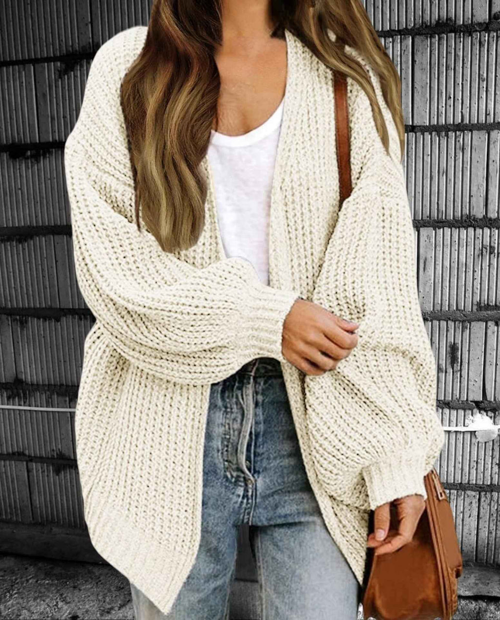 Women's Oversized Chunky Knit Cardigan – Open Front Long Layered Style Beige