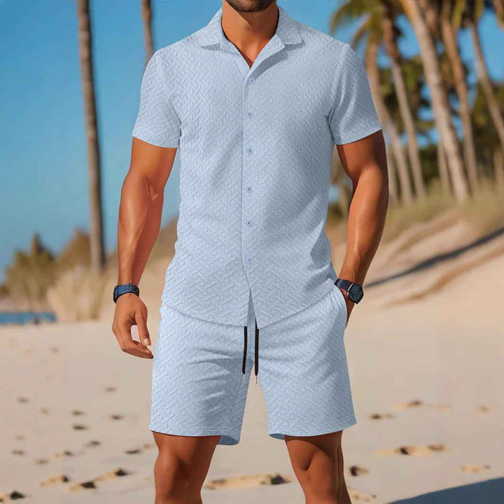 Men's Slim Fit Embossed Shirt and Shorts Set – Breathable Casual Comfort Blue