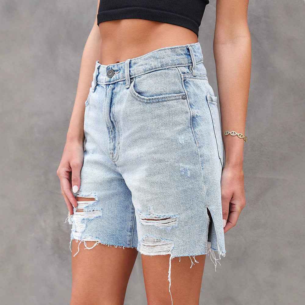 Women's Distressed Knee-Length Denim Shorts – Relaxed Fit with Slits – Casual Style