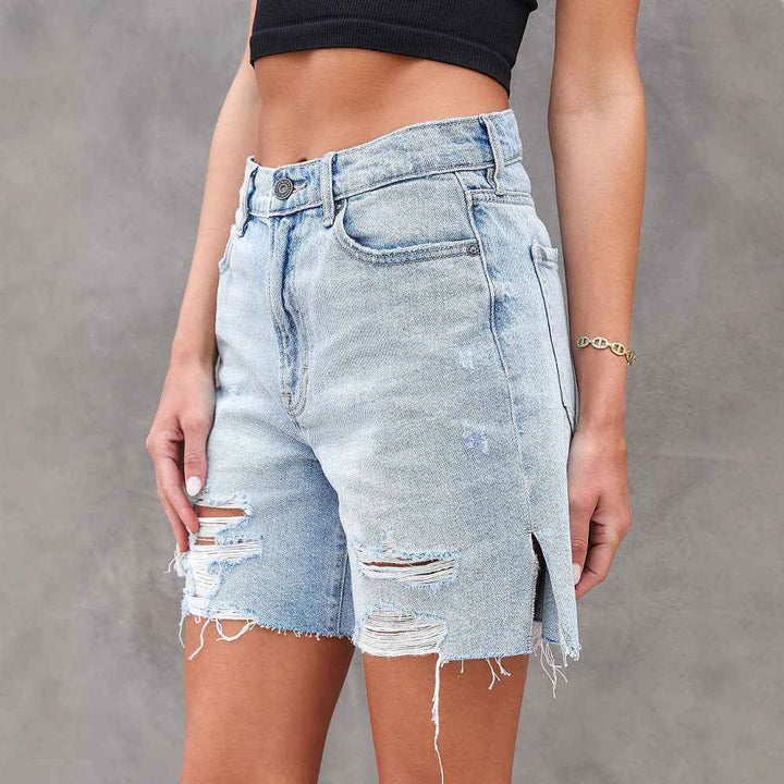 Women's Distressed Knee-Length Denim Shorts – Relaxed Fit with Slits – Casual Style