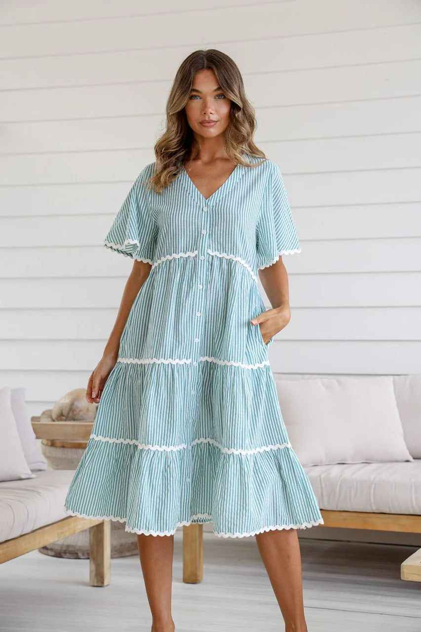 Women's V-Neck Loose Fit Cotton Dress with Button Closure and Lace Details