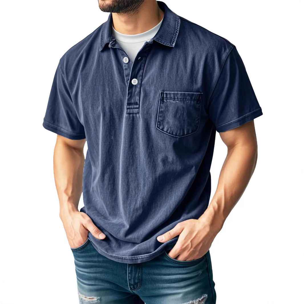 Men's Short Sleeve Polo Shirt – Relaxed Fit – Breathable Fabric – Chest Pocket Navy Blue