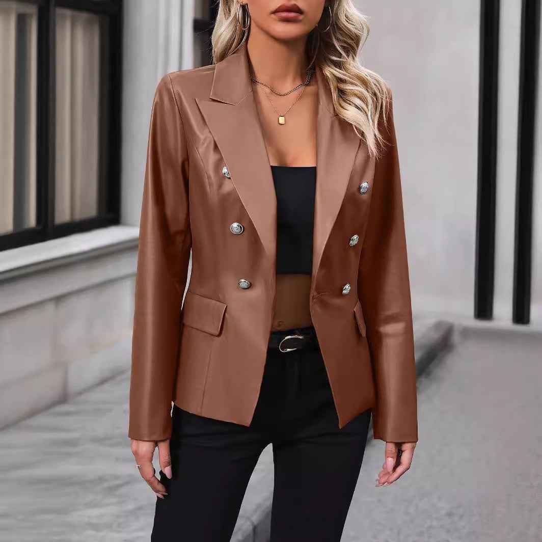 Women's Satin Look Double-Breasted Blazer with Flap Pockets - Tailored Formal Style Brown