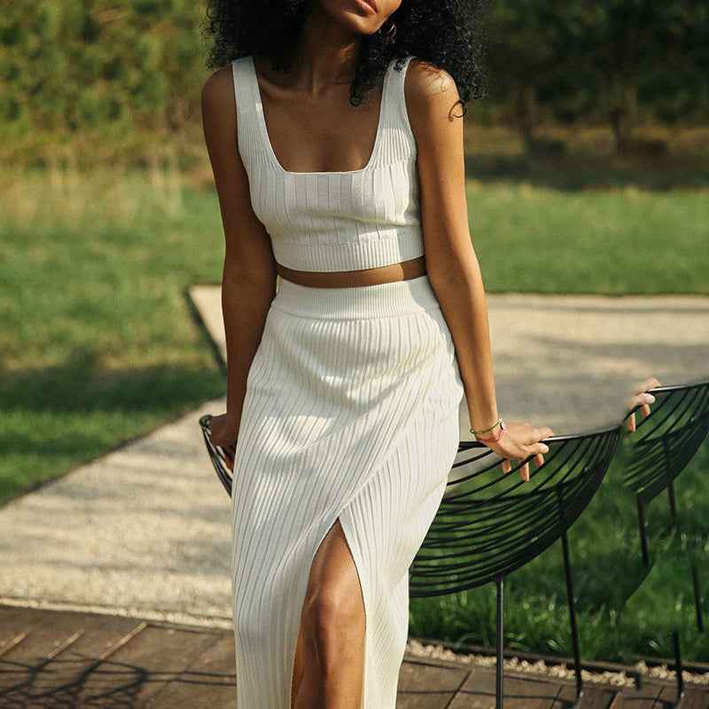 Women's High Waist Ribbed Knit Pencil Skirt - Slim Fit Midi with Split