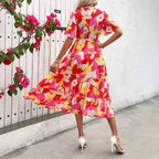 Women's Midi A-Line Dress – Cotton – Ruffle Sleeves – Abstract Print – Button Closure