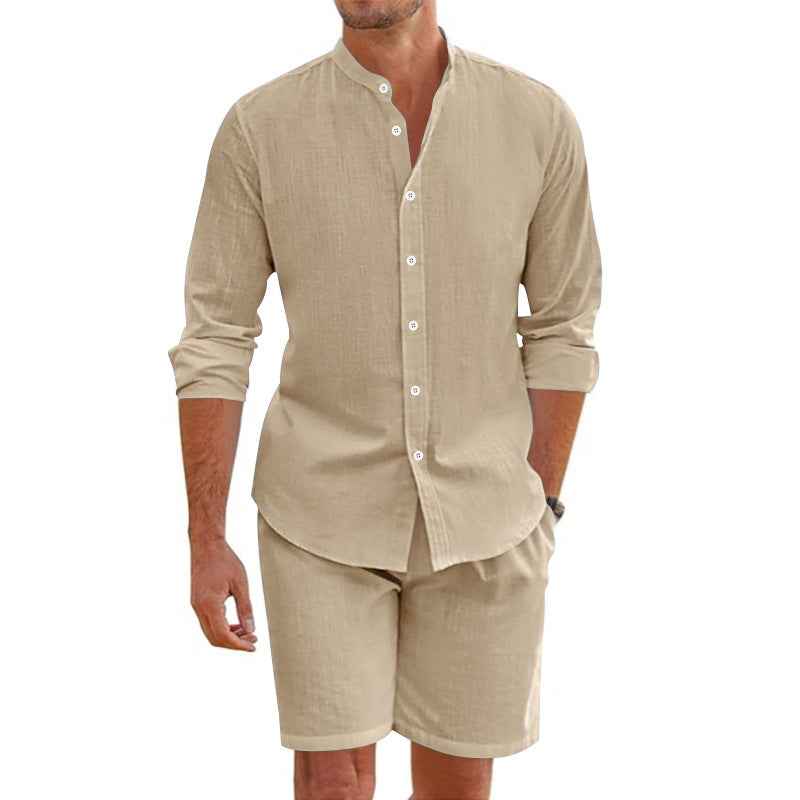 Men's Relaxed Fit Linen Blend Button-Up Shirt and Shorts Set Khaki