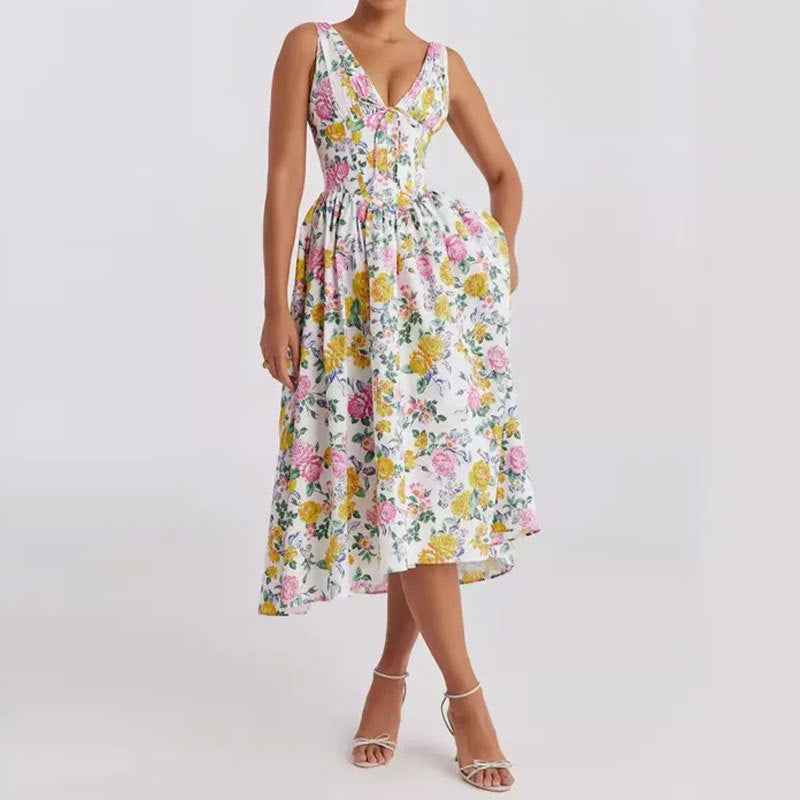 Women's A-Line Midi Dress with V-Neck and Spaghetti Straps – Floral Print Cotton Look