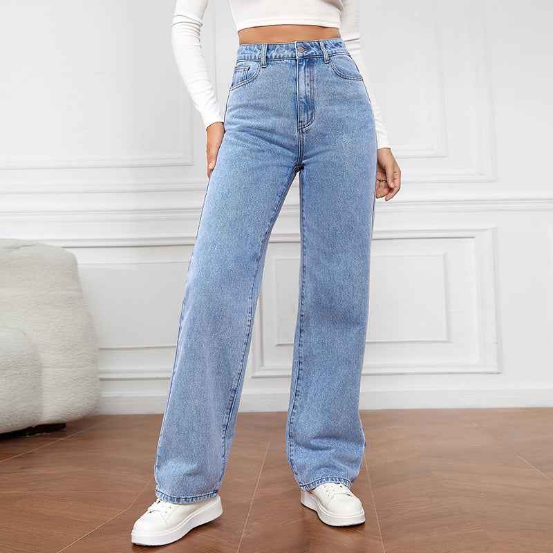 Women's High Waist Straight Leg Denim Jeans - Full Length Casual Fit Light Blue