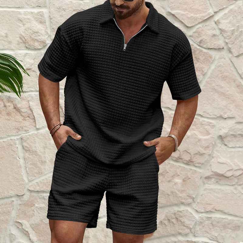 Men's Relaxed Fit Waffle Texture Set – Breathable Short Sleeves & Shorts Black