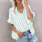Women's Short Sleeve Striped Cotton Blouse – Relaxed Fit with Button Closure Light Green