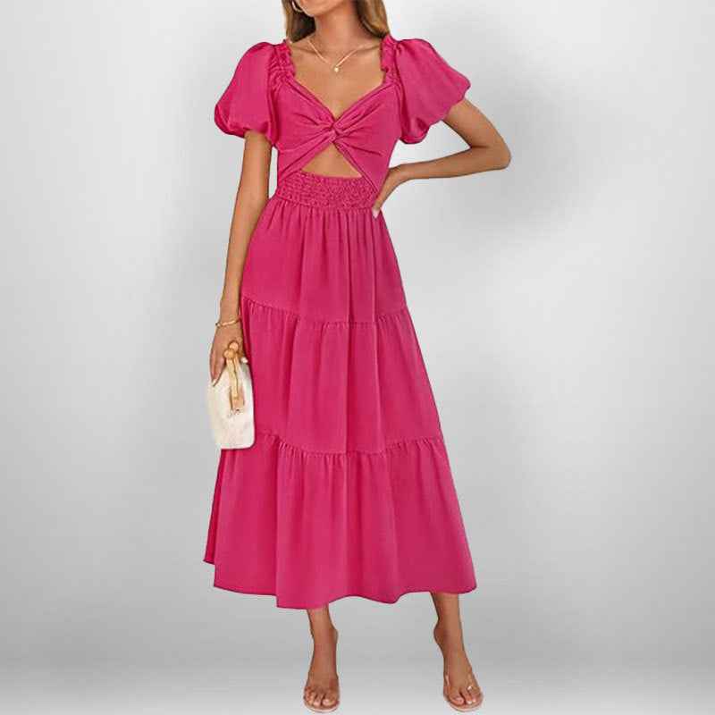 Women's A-Line Midi Dress with Smocked Waist, Puff Sleeves, and V-Neck – Cotton Blend Deep Pink