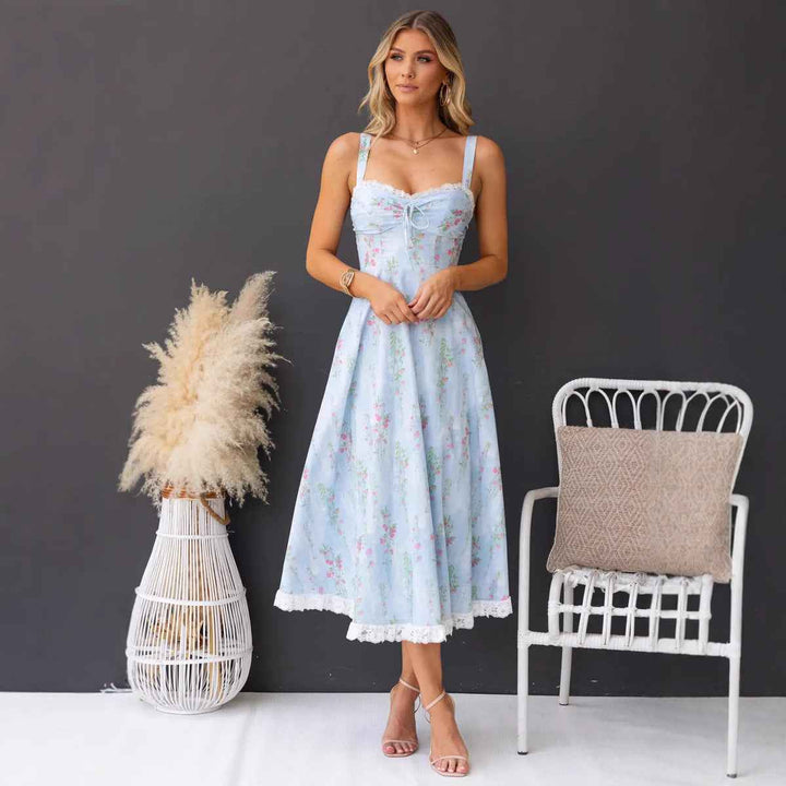 Women's A-Line Midi Dress with Spaghetti Straps – Floral Cotton Design and Lace Accents