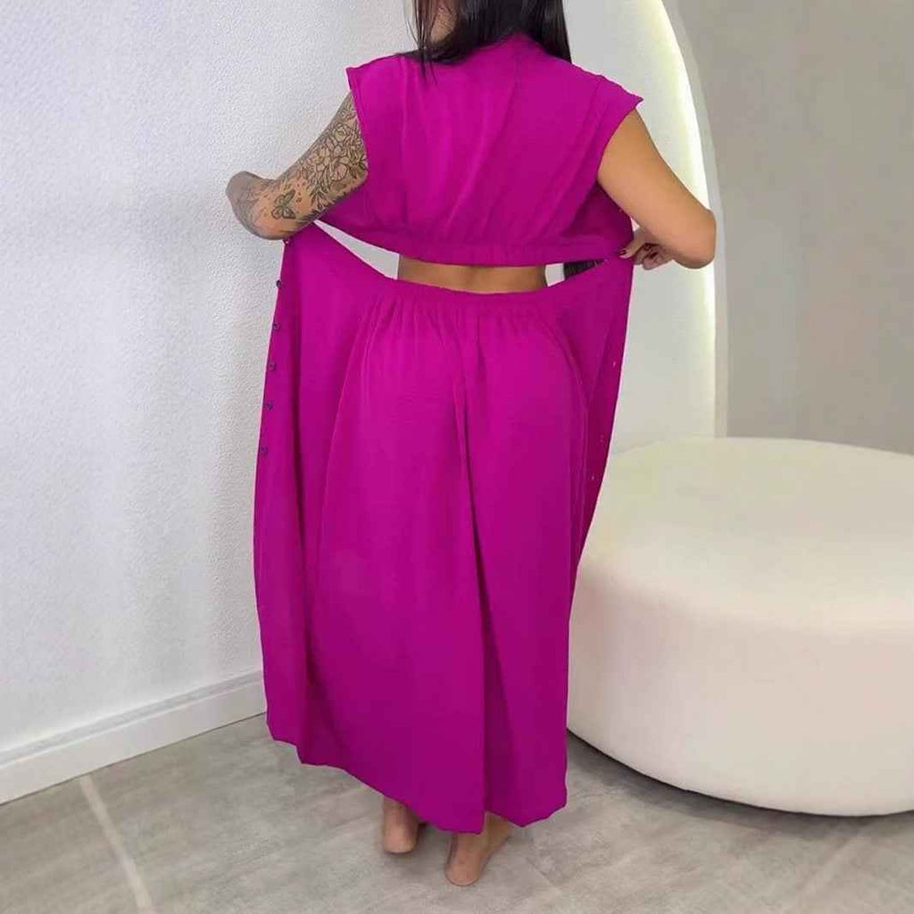 Women's Slim Fit Midi Dress – Sleeveless with Cut-Out Waist & Button Closure – Turtleneck Design