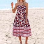 Women's Floral Print Strapless Dress – Cotton Blend – Flared & Convertible Design Claret