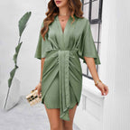Women's Luxury Bodycon Dress – Shiny Fabric – Draped Waist – V-Neck – Three-Quarter Sleeve – Knee-Length Green