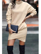 Women's Relaxed Fit Sweater Dress with High Collar, Long Sleeves, and Asymmetrical Hem Khaki