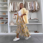 Women's A-line Maxi Skirt – Airy Mesh with Elastic Waist – Printed Design Lemon Yellow