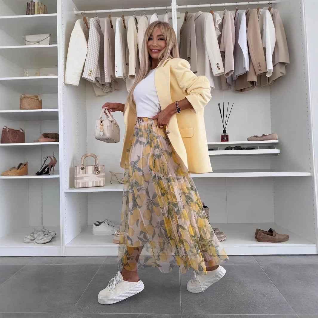 Women's A-line Maxi Skirt – Airy Mesh with Elastic Waist – Printed Design Lemon Yellow