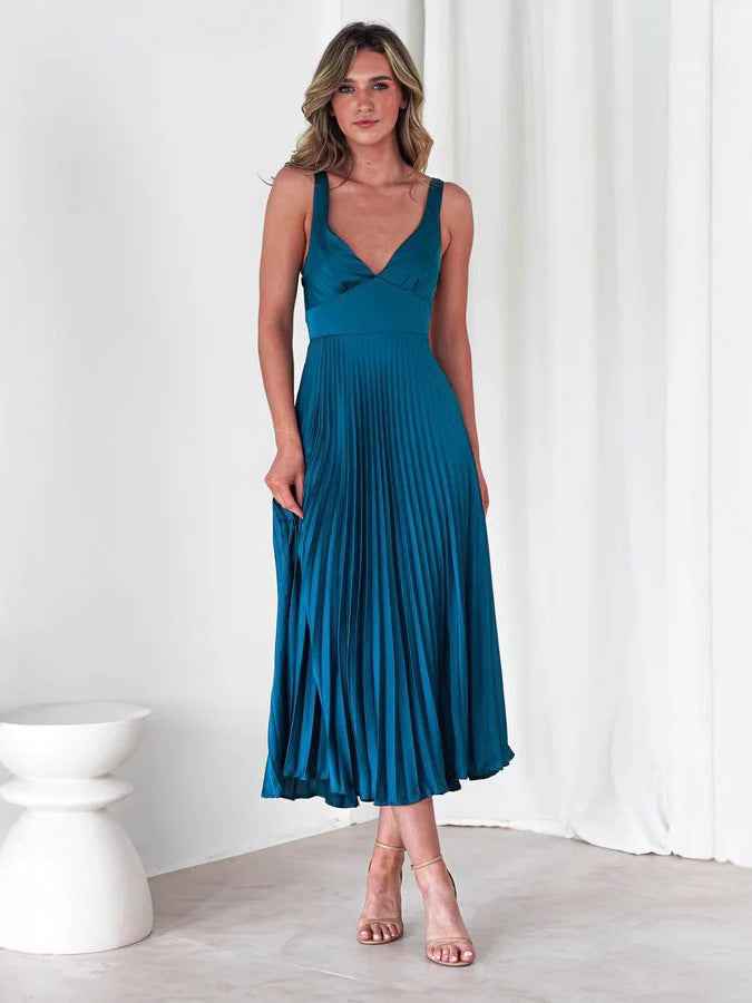 Women's Satin Midi Dress - V-Neck, Ruched Top, Spaghetti Straps, Pleated Skirt Blue