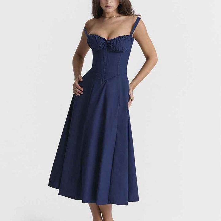 Women's A-Line Midi Dress – Sleeveless Floral Print with Bow Detail Navy Blue