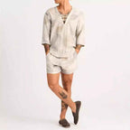 Men's Casual Lace-Up Shirt and Shorts Set – Relaxed Fit, Breathable Fabric