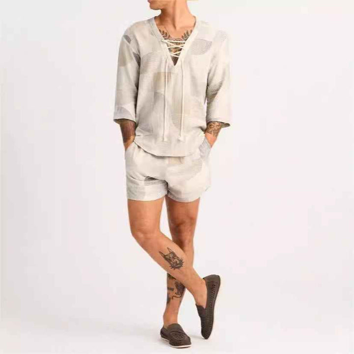 Men's Casual Lace-Up Shirt and Shorts Set – Relaxed Fit, Breathable Fabric