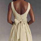 Women's A-Line Midi Dress – Open Back Bow Detail – Square Neck – Lightweight Fabric