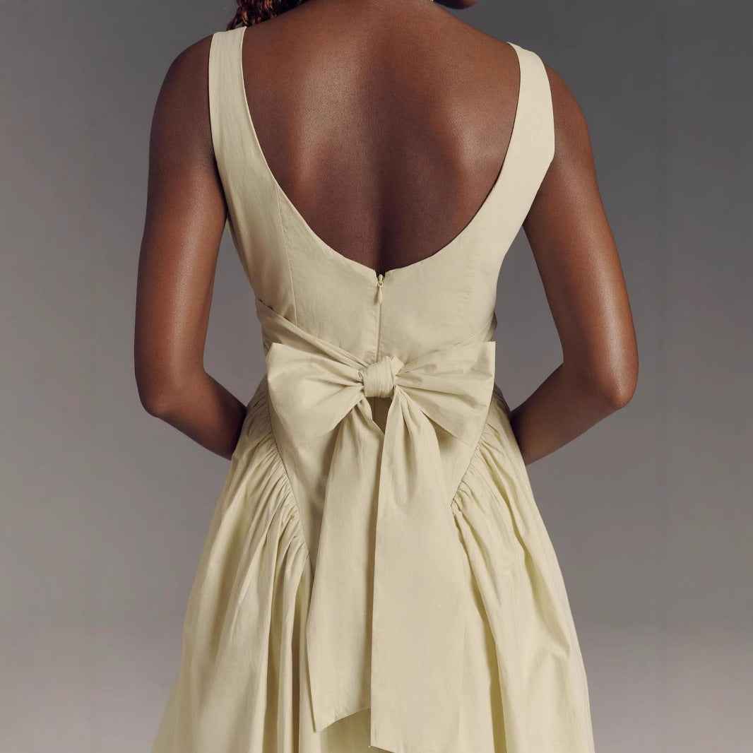 Women's A-Line Midi Dress – Open Back Bow Detail – Square Neck – Lightweight Fabric