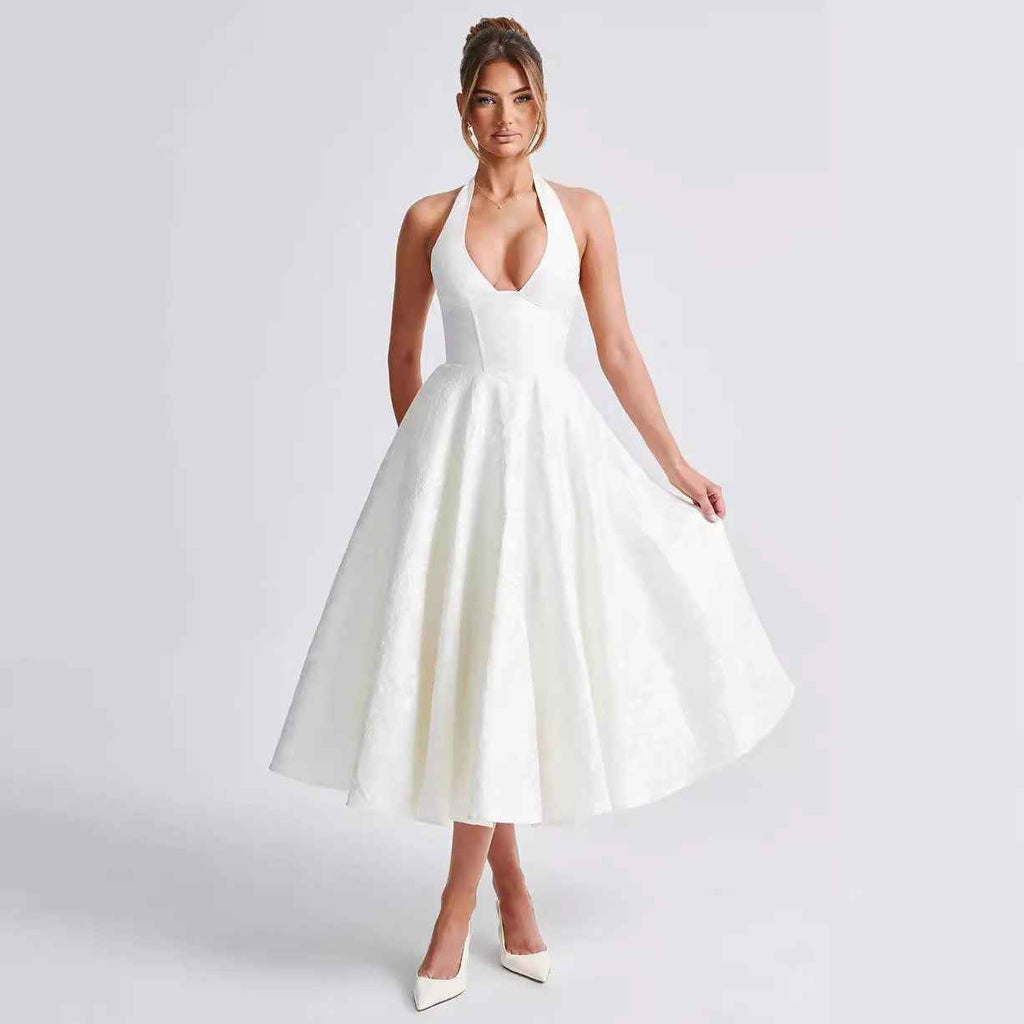 Women's Elegant Halter Neck Maxi Dress – V-Neck with Flared Skirt White