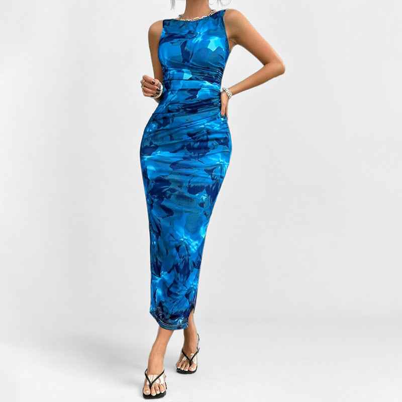 Women's Elegant Midi Dress – Sleeveless, Slim Fit with Side Slit Print Blue