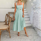Women's A-Line Summer Dress – Sleeveless Linen Blend with Cut-Out Detail Green